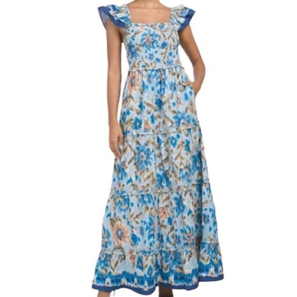 House Of Harlow 1960 Zoey Ruched Flutter   Sleeves Blue Floral Maxi Dress Size M